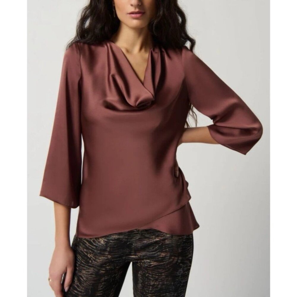 Joseph Ribkoff Top 2 XS Brown Tiered Cowl Neck Long Sleeve $185